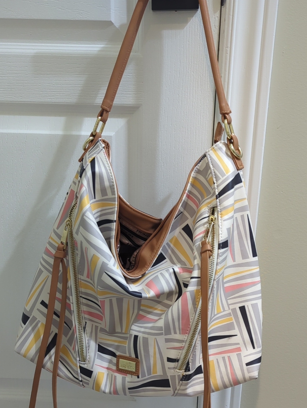 HUNTER Striped Pattern Hobo Bag with Tan Trim - Women Bags
